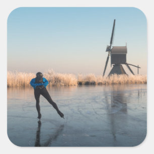 Schaatsen langs windmolen en riet sticker