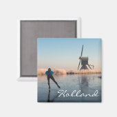Schaatsen langs windmolen en riet tekst magneet (Voorkant / Achterkant)
