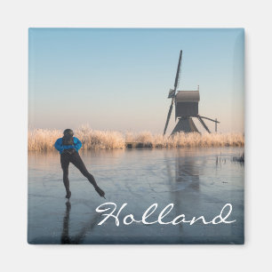Schaatsen langs windmolen en riet tekst magneet