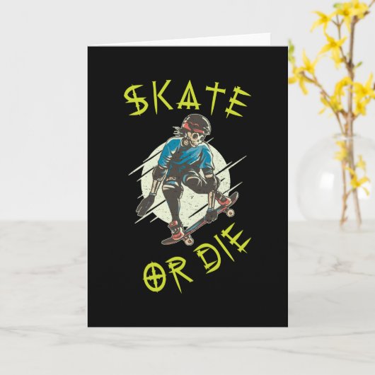 Schaatsen of sterven Skeleton Skateboarder Kaart (Gele Bloem)