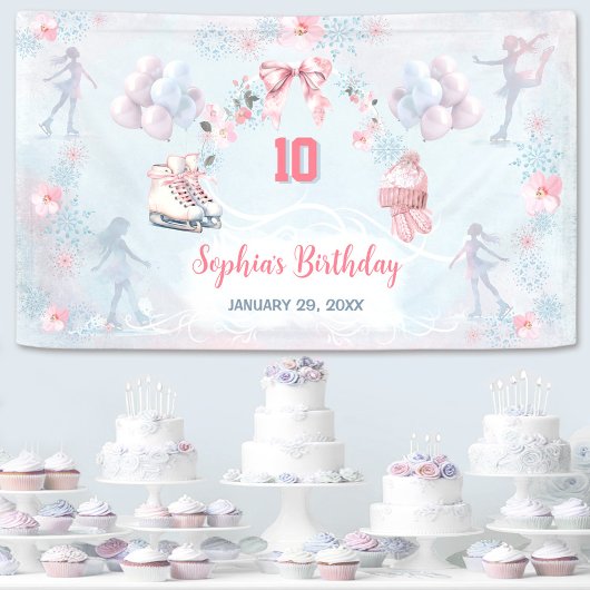 Schaatsen Party Roze Blauw Winter Meisje Verjaarda Spandoek