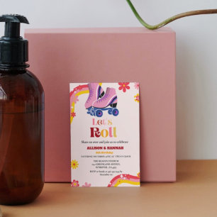 Schaatsen Retro groovy Twin Verjaardag laten we ro Aankondiging