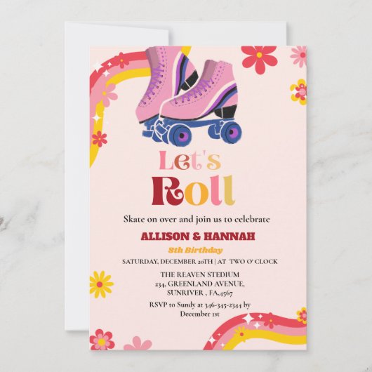 Schaatsen Retro groovy Twin Verjaardag laten we ro Aankondiging (Voorkant)