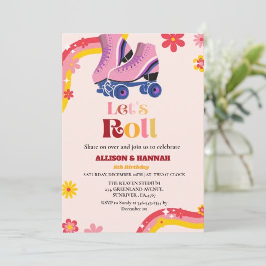 Schaatsen Retro groovy Twin Verjaardag laten we ro Aankondiging (Staand voorkant)