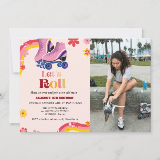 Schaatsen Retro groovy Verjaardag laten we rollen Aankondiging (Voorkant)