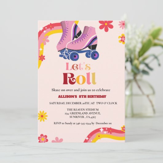 Schaatsen Retro groovy Verjaardag laten we rollen Aankondiging (Staand voorkant)