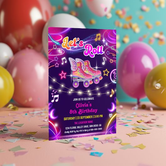 Schaatsen Retro Neon Gloed Meisje Verjaardagsfeest Kaart