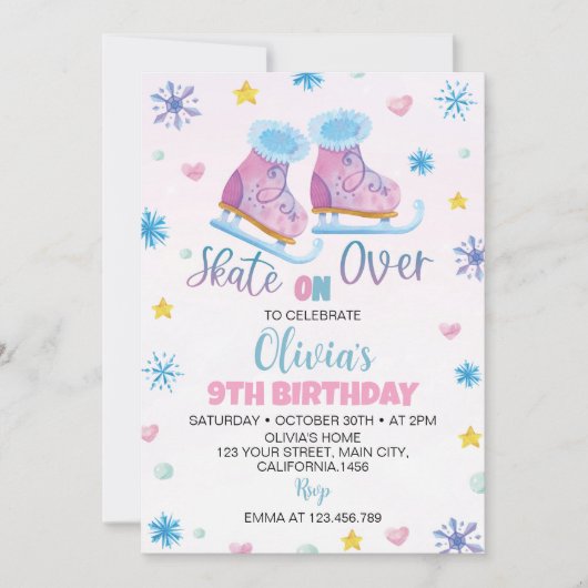 Schaatsen Roze Meisje Verjaardag Uitnodiging (Voorkant)