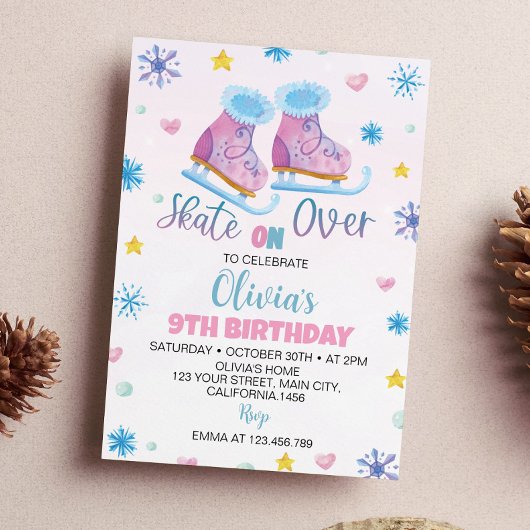 Schaatsen Roze Meisje Verjaardag Uitnodiging