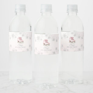Schaatsen Roze Zilver Glitter Sneeuwvlok Verjaarda Waterfles Etiket