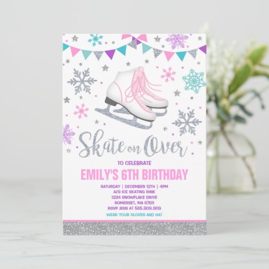Schaatsen Uitnodiging Schaatsen Party Zilver (Staand voorkant)