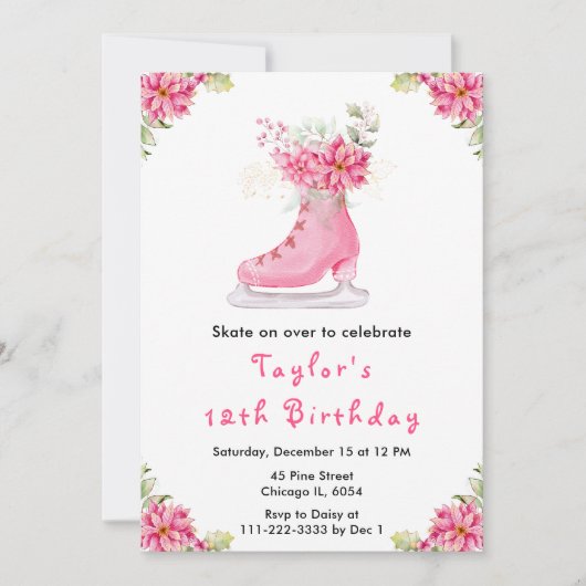 Schaatsen Verjaardagsfeest Roze Kaart (Voorkant)