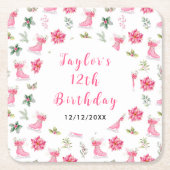 Schaatsen Verjaardagsfeest Roze Kartonnen Onderzetters (Voorkant)