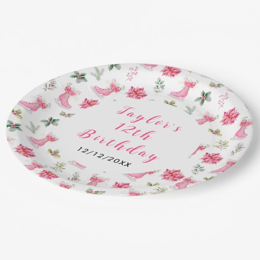 Schaatsen Verjaardagsfeest Roze Papieren Bordje (Gekanteld)