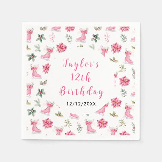 Schaatsen Verjaardagsfeest Roze Servet (Voorkant)