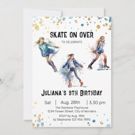 Schaatsen verjaardagsuitnodiging, schaatsfeest kaart (Voorkant)