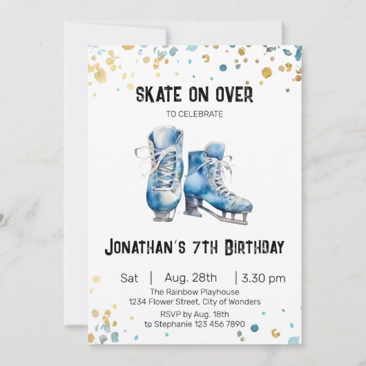 Schaatsen verjaardagsuitnodiging, schaatsfeest kaart (Voorkant)