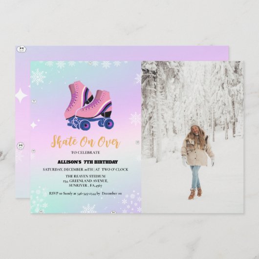 Schaatsen Winter Verjaardag Schaats Op Over Meisje Aankondiging (Voorkant / Achterkant)