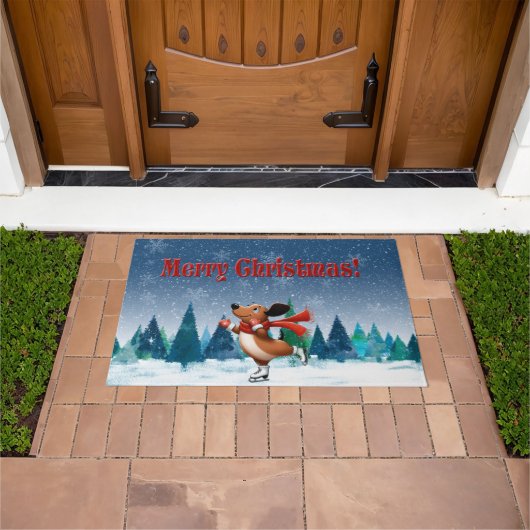 Schaatsende Dachshund Kerstmat Deurmat (Buiten)