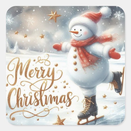 Schaatsende Sneeuwman Prettig Kerstfeest Vierkante Sticker (Voorkant)