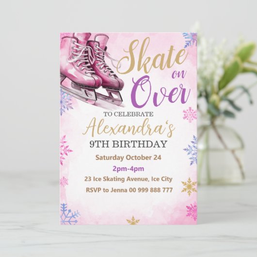 Schaatsfeest Roze Verjaardagsfeest Winterfeest Kaart (Staand voorkant)