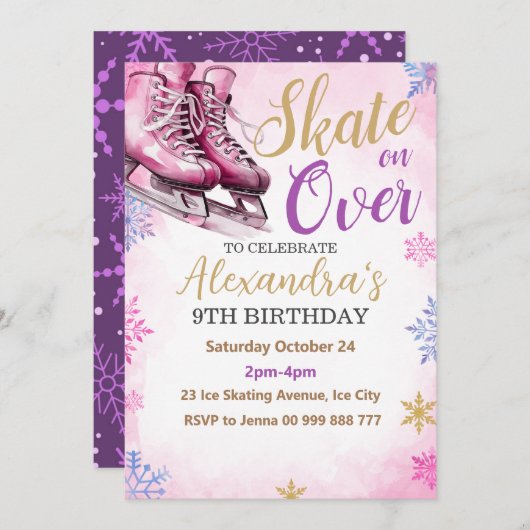 Schaatsfeest Roze Verjaardagsfeest Winterfeest Kaart (Voorkant / Achterkant)