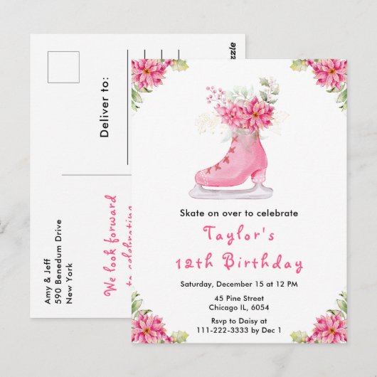 Schaatsfeestje Roze Briefkaart (Voorkant / Achterkant)
