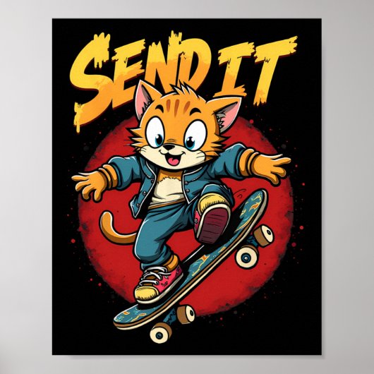 Schaatskat Send It Slang Grappige Retro Skateboard Poster (Voorkant)