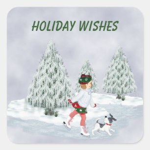 schaatsmeisje en hond vierkante sticker