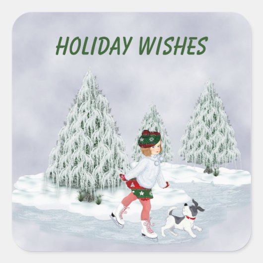 schaatsmeisje en hond vierkante sticker (Voorkant)