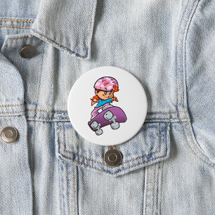 Schaatsmeisje Fun Roze Helm Skateboard Ronde Button 7,6 Cm