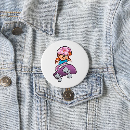 Schaatsmeisje Fun Roze Helm Skateboard Ronde Button 7,6 Cm