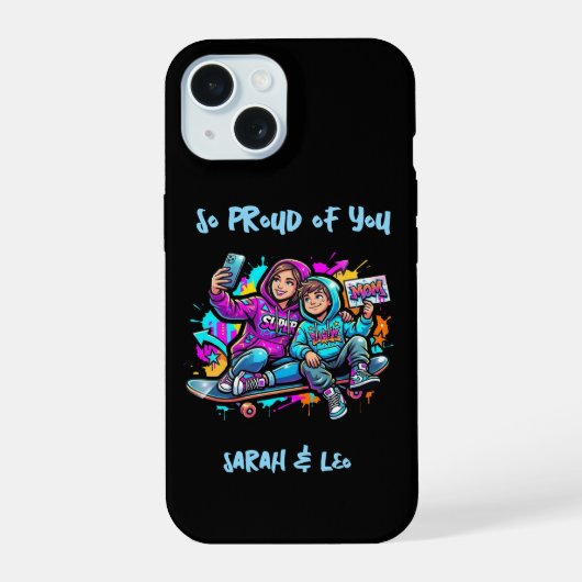 Schaatsmoeder & zoon | Glanzende stevige iPhone-ho iPhone 15 Case (Achterkant)