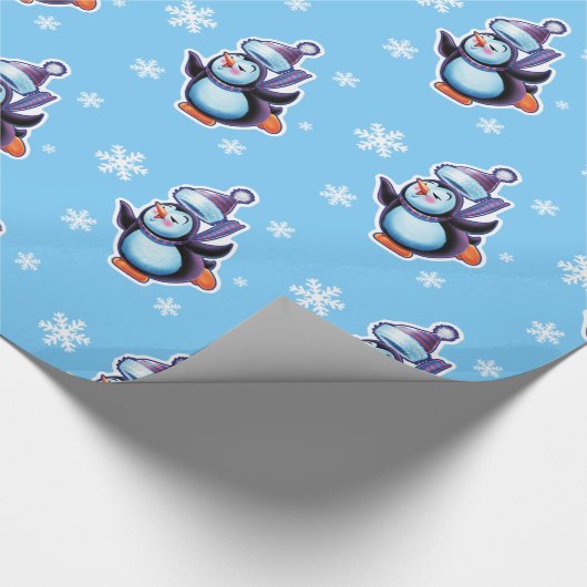 Schaatspinguïn glanzend poeder blauw cadeaupapier (Hoek)