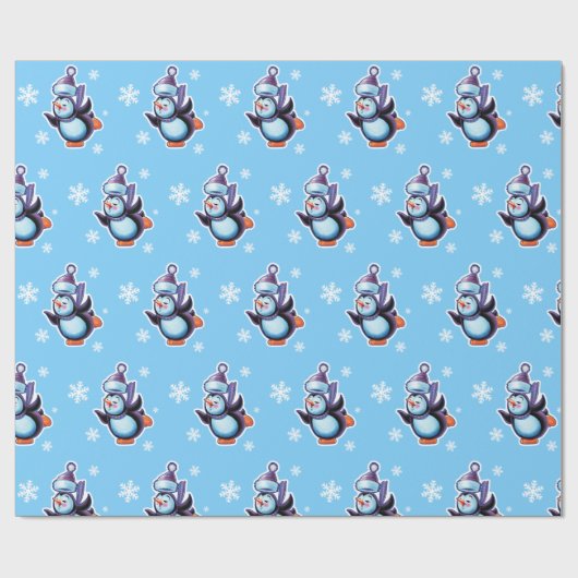 Schaatspinguïn glanzend poeder blauw cadeaupapier (Vlak)