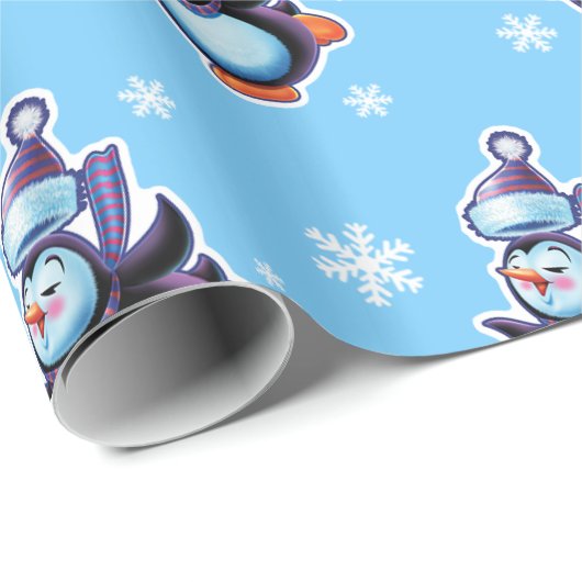 Schaatspinguïn glanzend poeder blauw cadeaupapier (Rol Hoek)