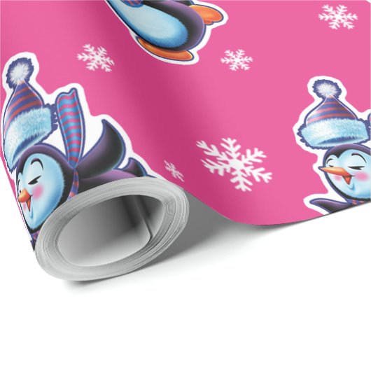 Schaatspinguïn matte cerise roze cadeaupapier (Rol Hoek)