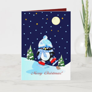 Schaatspinguïn met aangepaste kersttekst feestdagen kaart