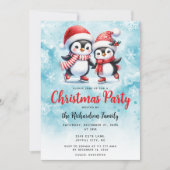 Schaatspinguïns Blauw Feestelijk Kerstfeest Kaart (Voorkant)