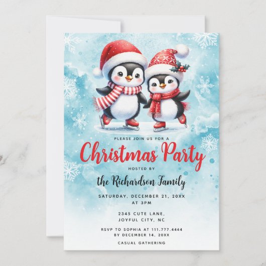 Schaatspinguïns Blauw Feestelijk Kerstfeest Kaart (Voorkant)