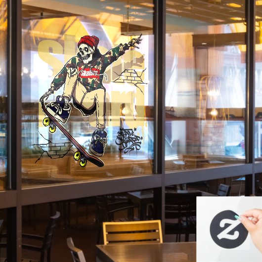 Schaatsplank winkel grafische schedel skate logo a raamsticker (Restaurant Raam)