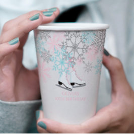 Schaatsverjaardag Sneeuwvlokken Roze Blauw Zilver Papieren Bekers