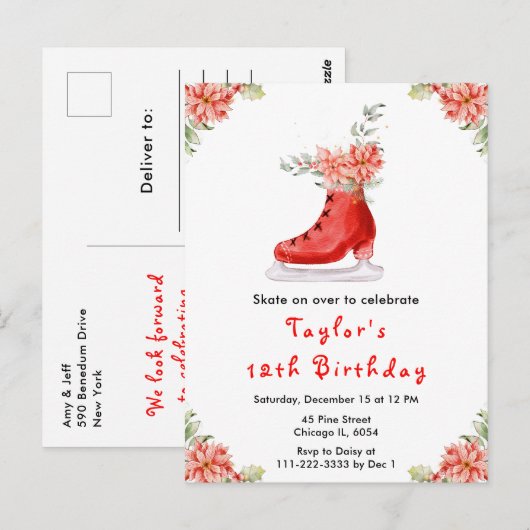 Schaatsverjaardagsfeest Rood Briefkaart (Voorkant / Achterkant)