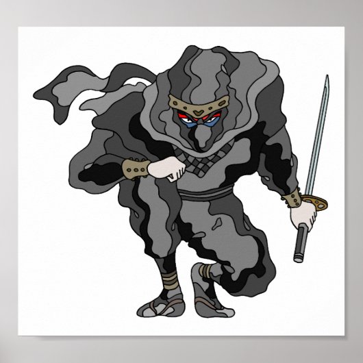 Schaduw die in de duisternis loert. Cyber-ninja. Poster (Voorkant)