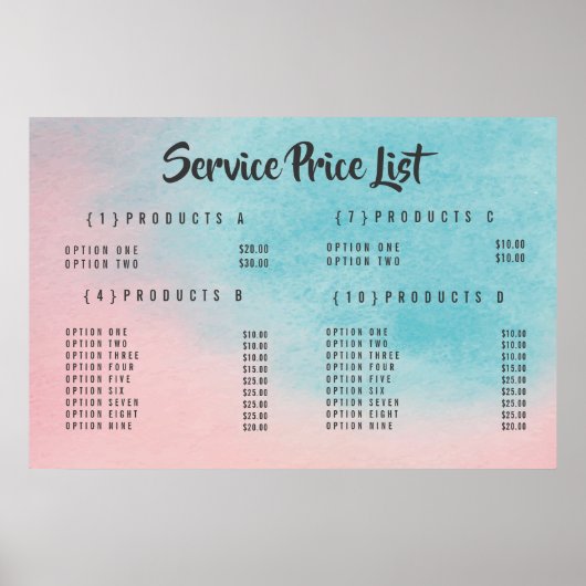 Schaduw Service Prijs Menu Op Maat Gedrukt Poster (Voorkant)