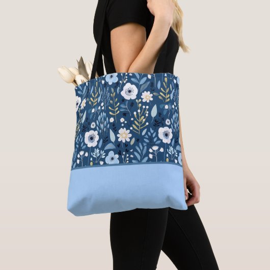 Schaduw van Blauw, Wit, Gele Bloemen Kleurenblok Tote Bag (Dichtbij)