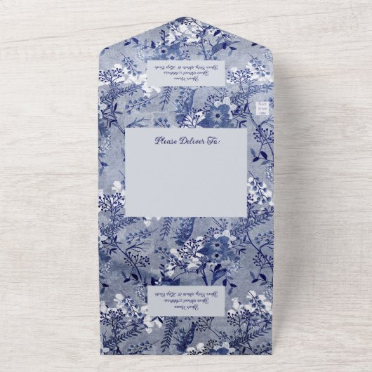 schaduw van Blauwe Floral met QR-code All In One Uitnodiging (Buitenkant)