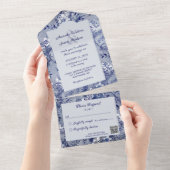  schaduw van Blauwe Floral met QR-code All In One Uitnodiging (Afscheurbaar)