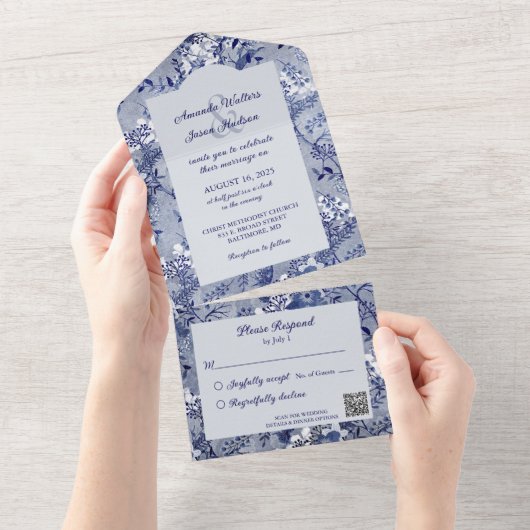 schaduw van Blauwe Floral met QR-code All In One Uitnodiging (Afscheurbaar)