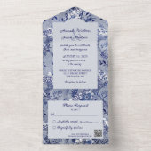  schaduw van Blauwe Floral met QR-code All In One Uitnodiging (Binnen)